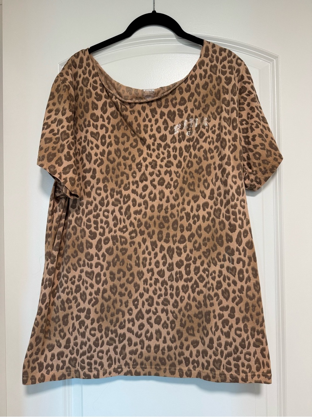 PINK Victoria's Secret Tan Leopard Print Short Sleeve Tee Off The Shoulder